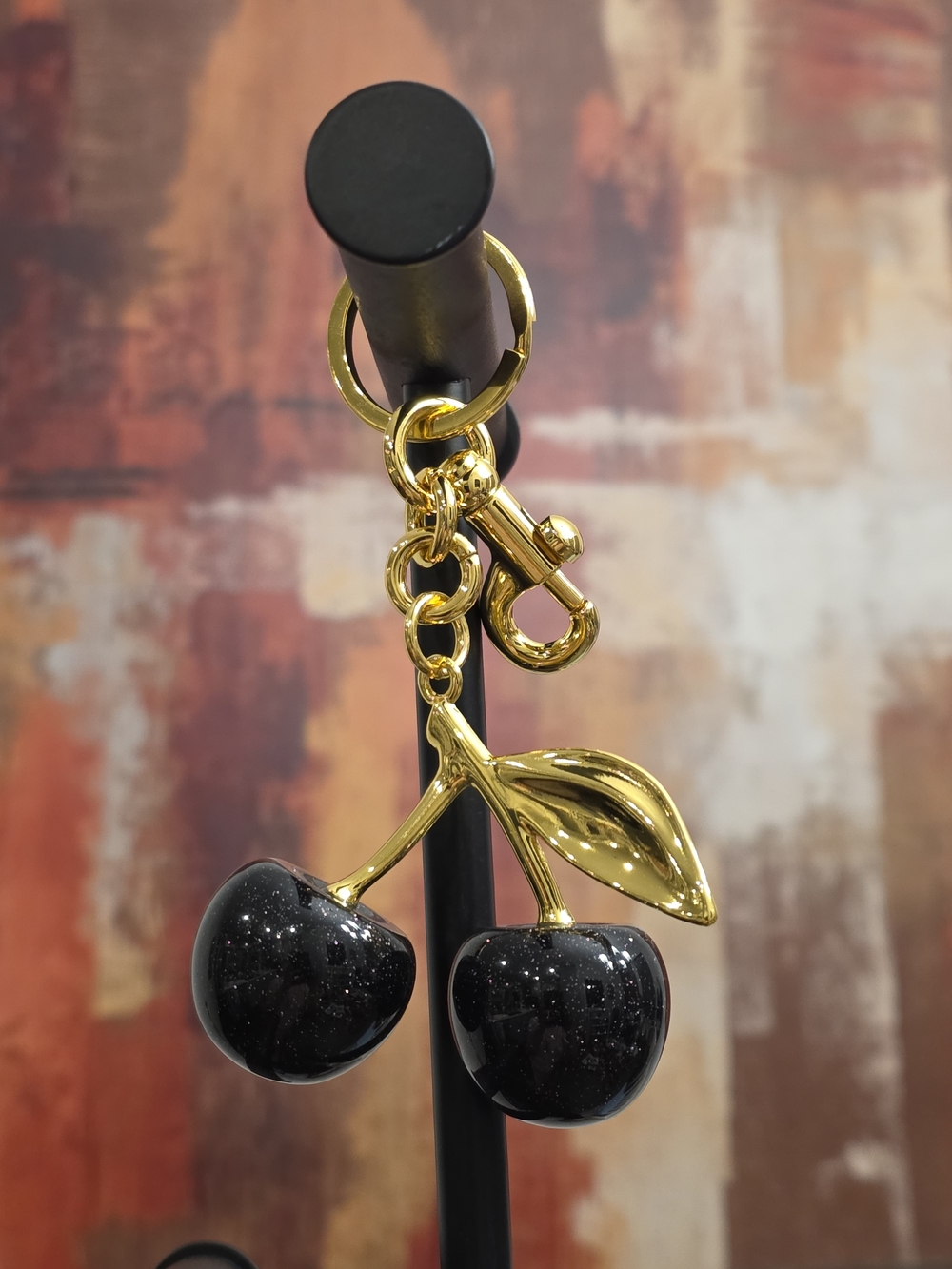 Black Cherries Keychain Bag Charm - gold tone hardware